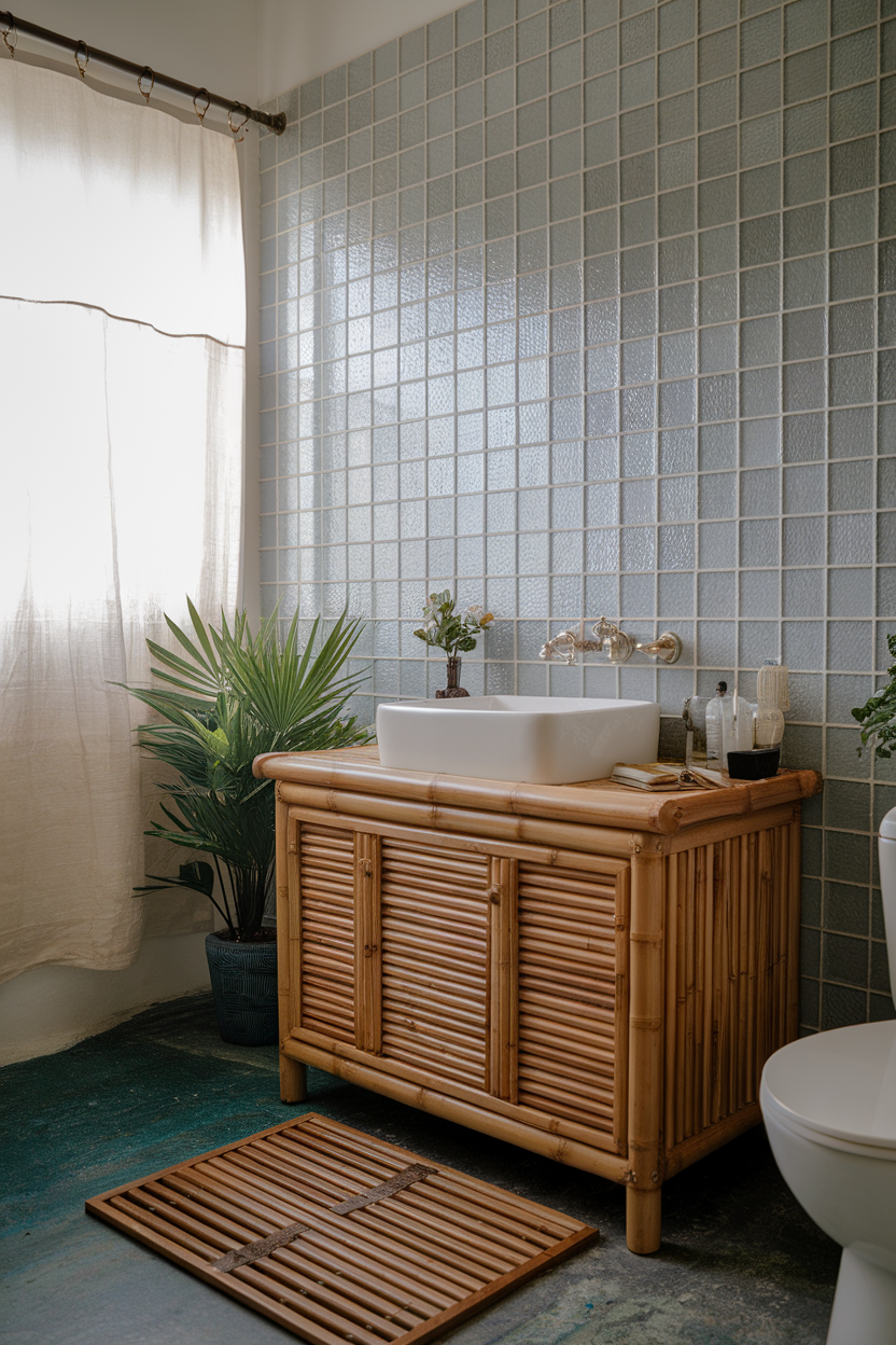 Eco-friendly bathroom with bamboo vanity and plants.