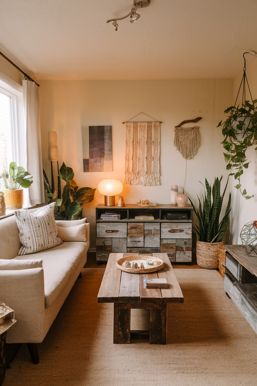A cozy sitting room with sustainable decor, featuring a wooden coffee table, plants, and natural textiles.