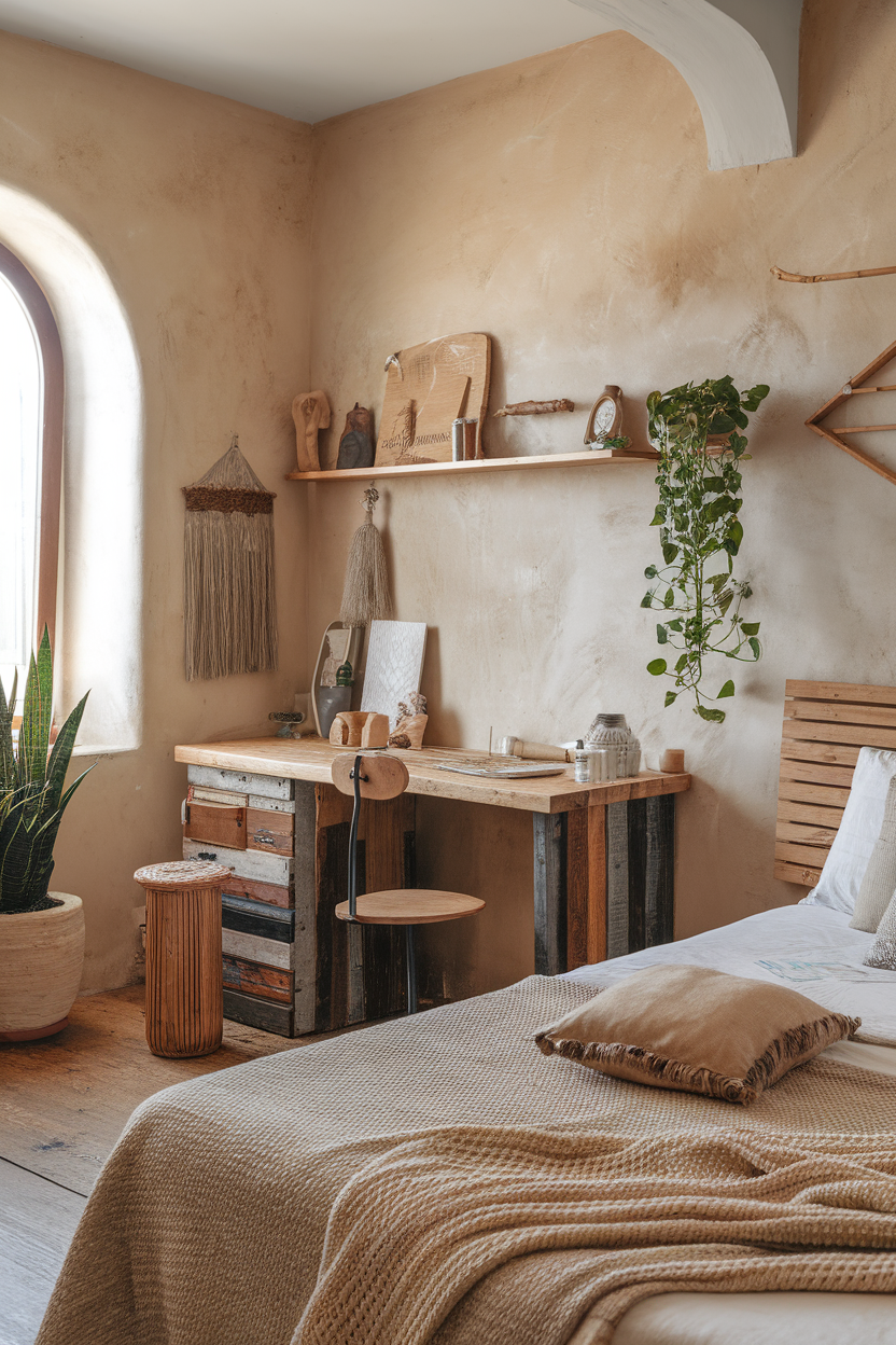 A rustic bedroom featuring upcycled furniture, including a wooden desk and storage, with earthy tones and plants.