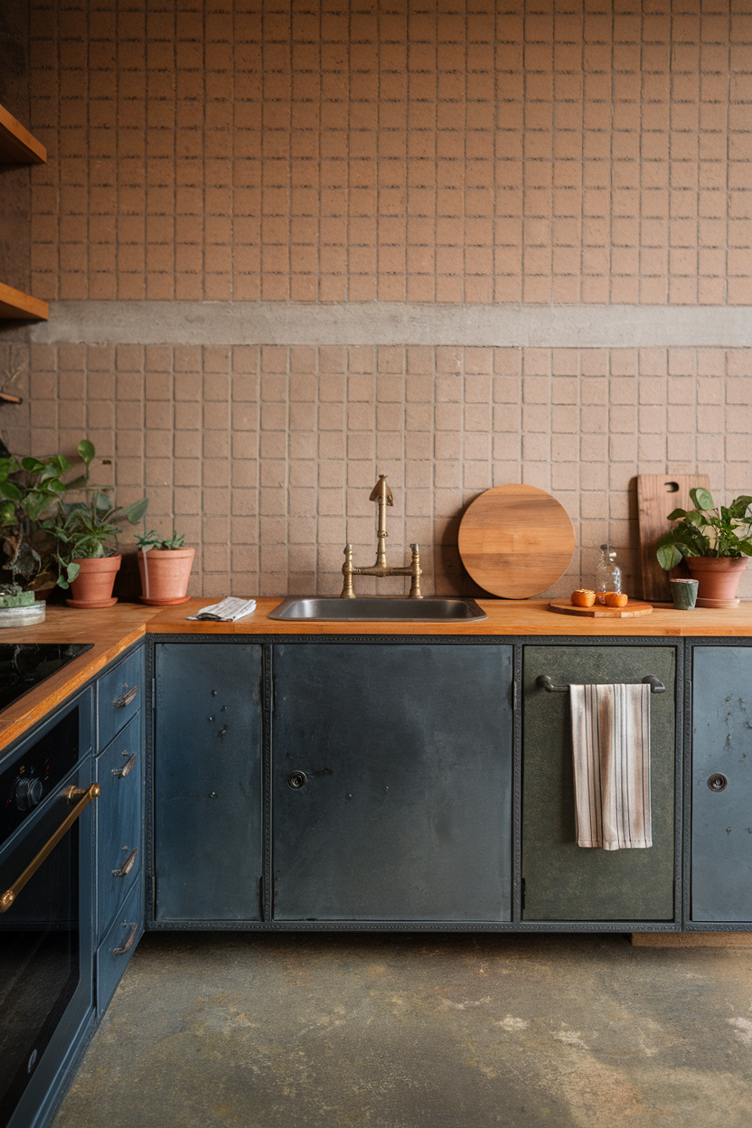 A modern kitchen with sustainable materials, featuring a mix of wood and metal cabinetry, terracotta pots with plants, and a warm color palette.
