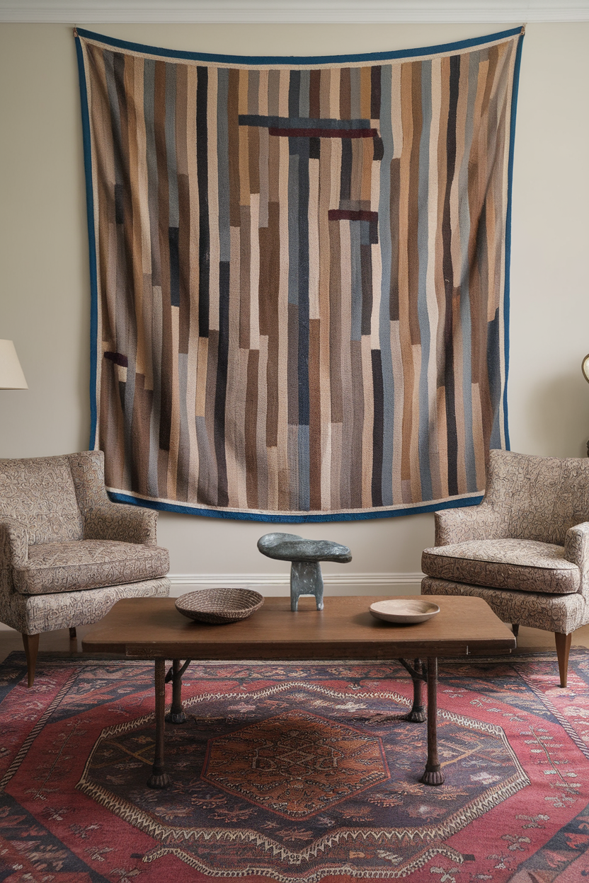 Cozy living room featuring a tapestry wall hanging with warm earthy tones.