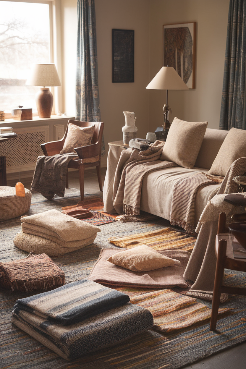 A cozy living room filled with various textiles like blankets and pillows, showcasing layering techniques.