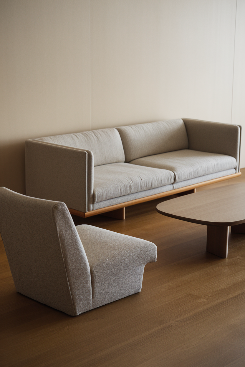 A minimalist living room featuring a light-colored sofa, a matching chair, and a wooden coffee table.
