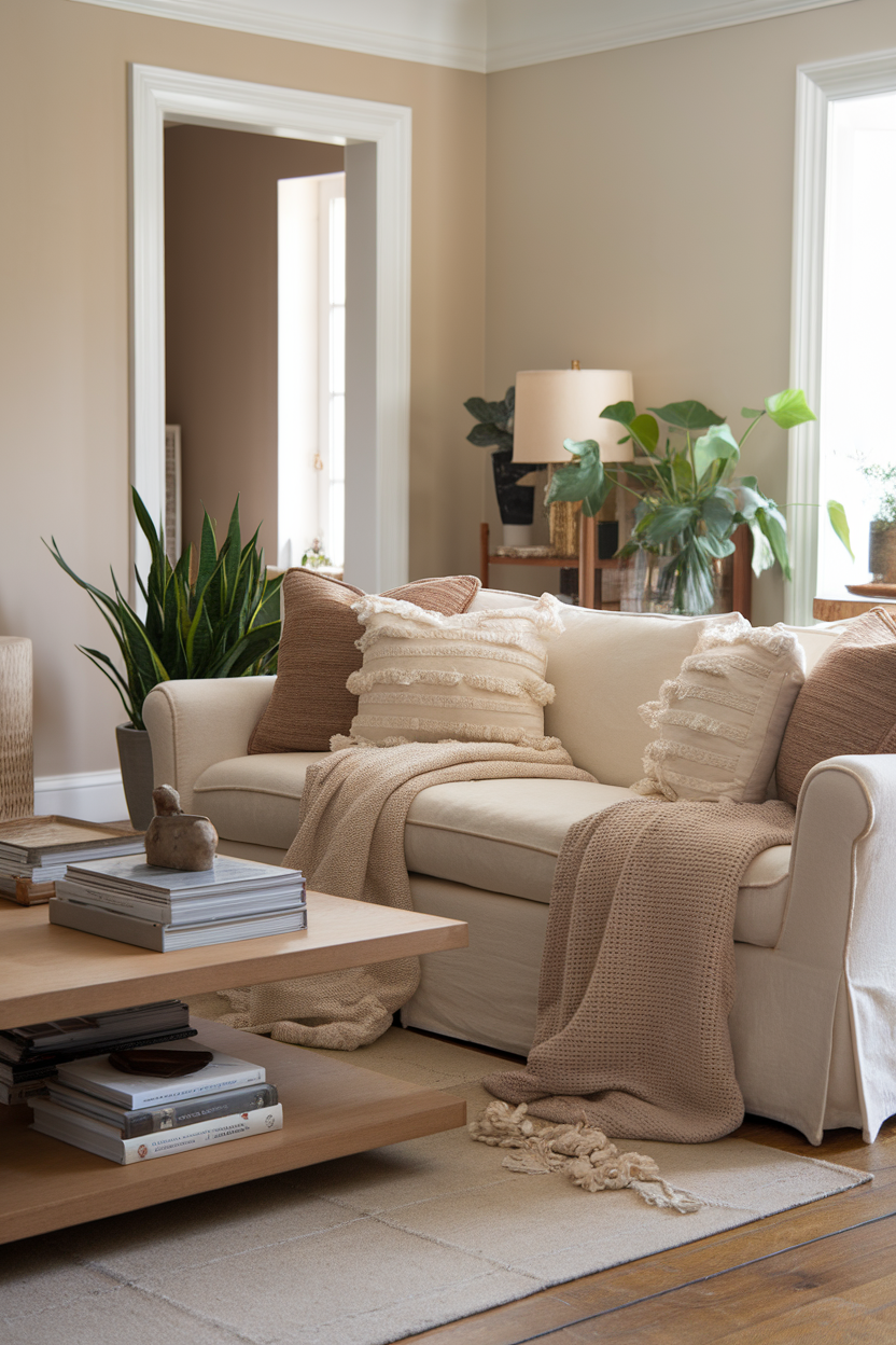 Cozy living room with textured fabrics and throws on a sofa