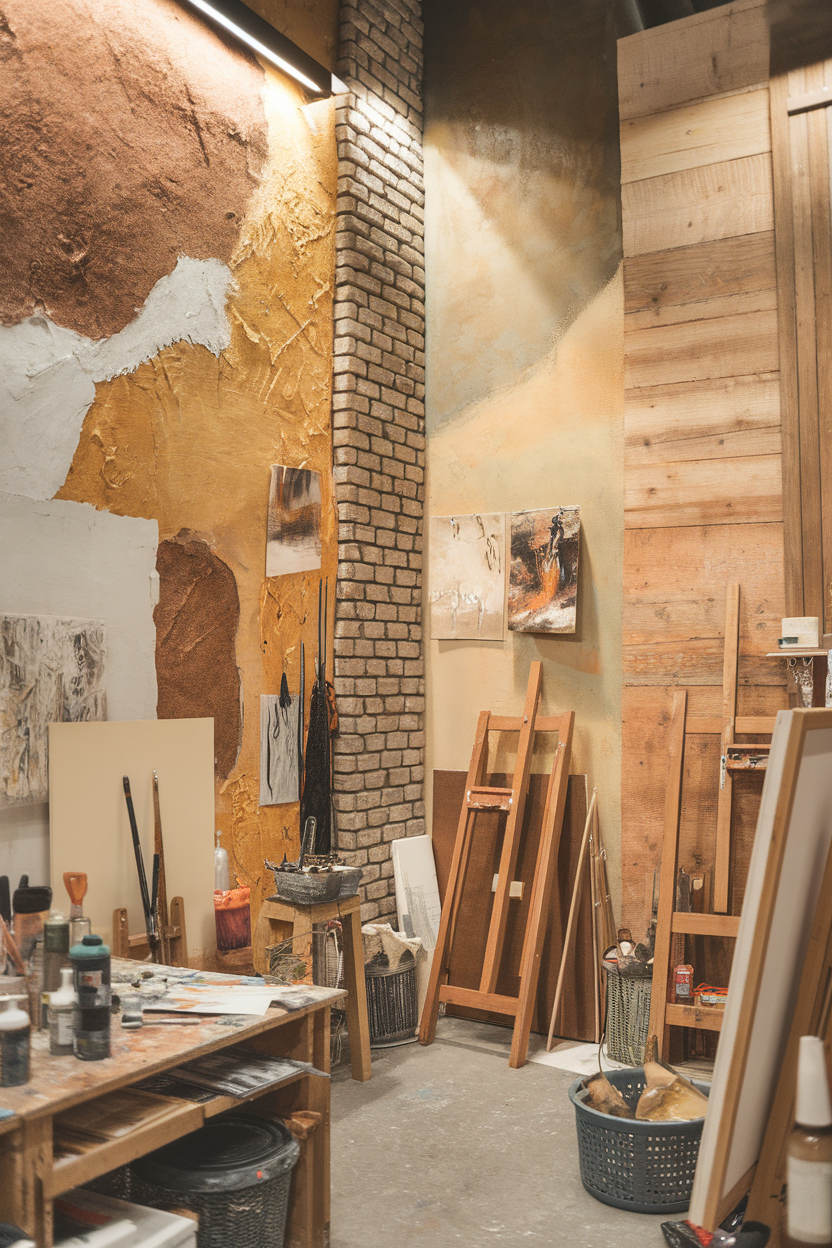 An artist's studio showcasing various textured wall finishes, including stucco and wood.