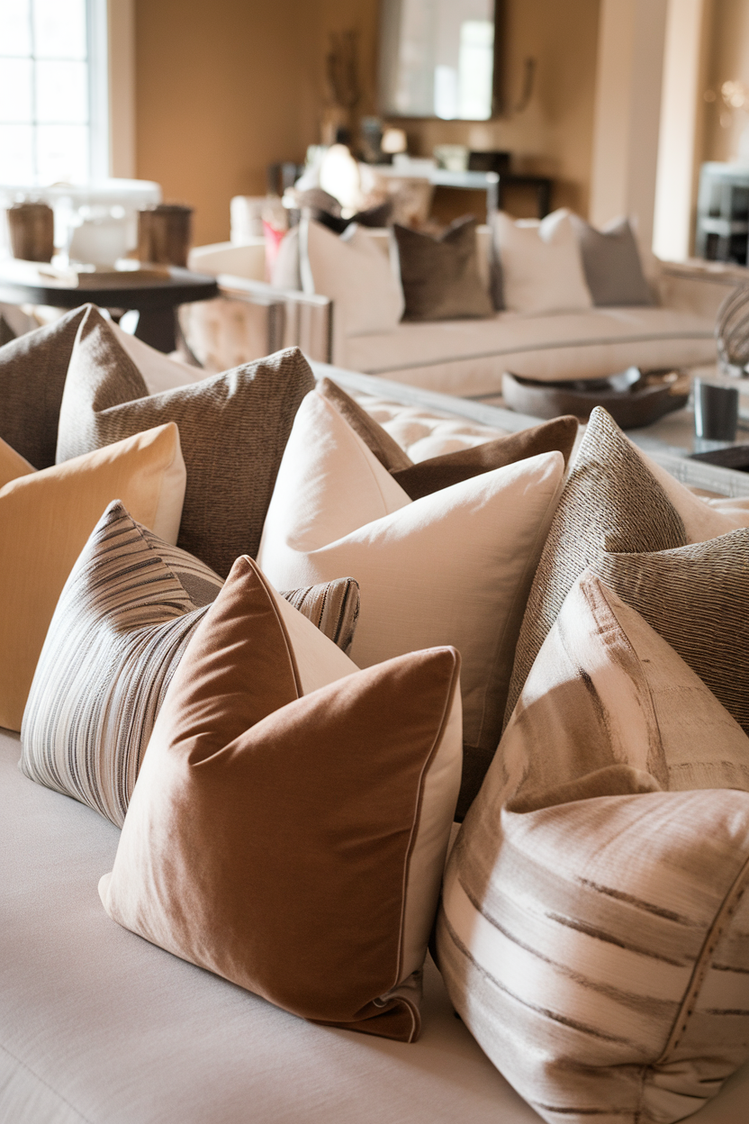 A collection of stylish textured throw pillows in various colors and patterns arranged on a sofa.
