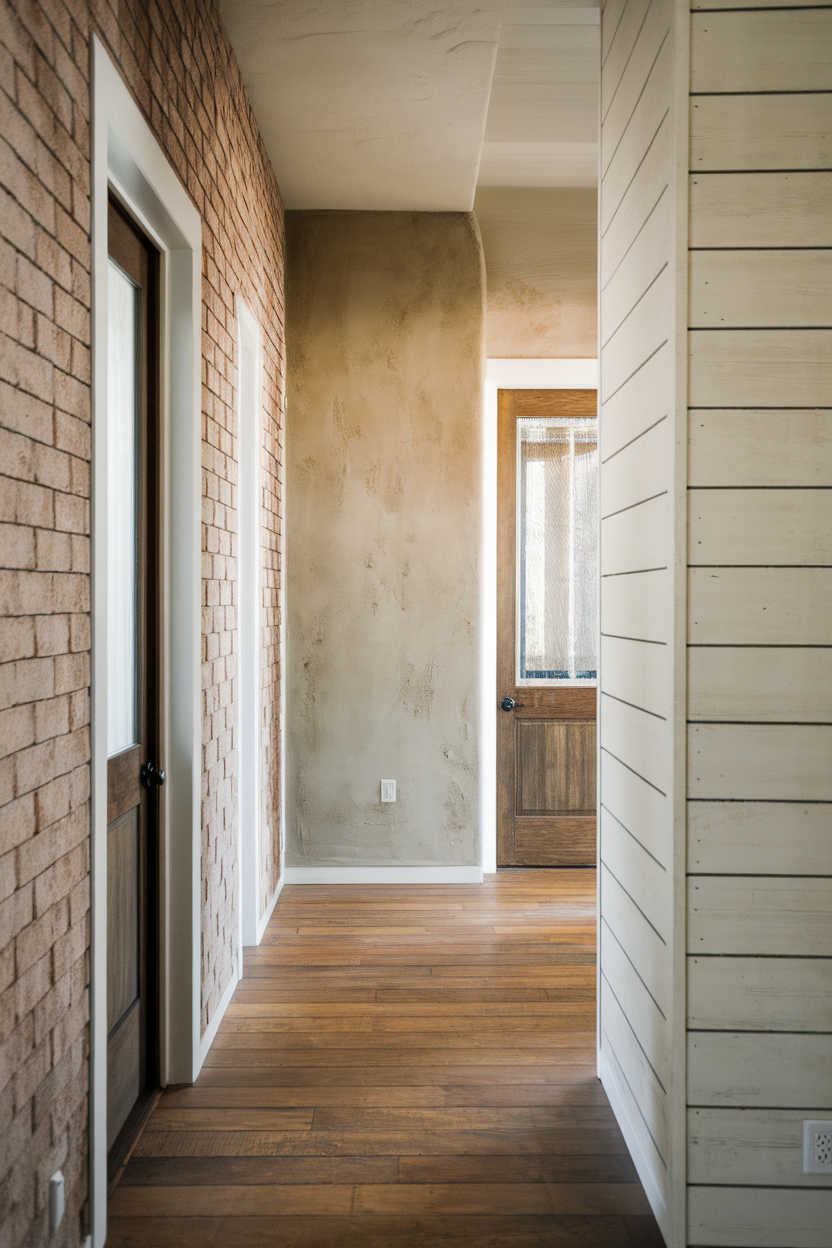 A hallway featuring a mix of textured wall finishes including brick, plaster, and wood.