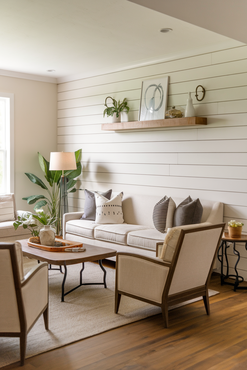 Cozy living room featuring shiplap wall treatment, a sofa with decorative pillows, and plants.