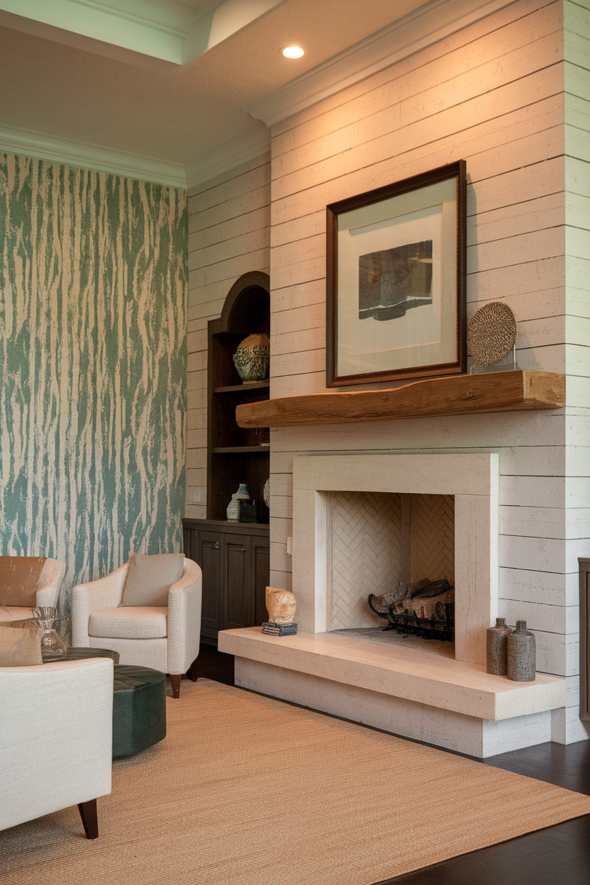 A cozy sitting room with textured wall treatments, showing a mix of wood wall and patterned wallpaper.