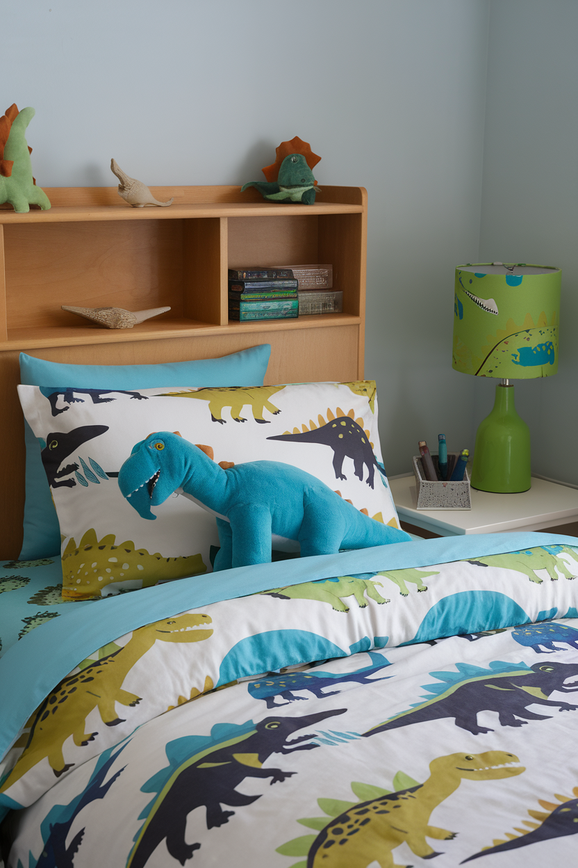 Colorful dinosaur-themed bedding set with plush dinosaur toys on a bed.