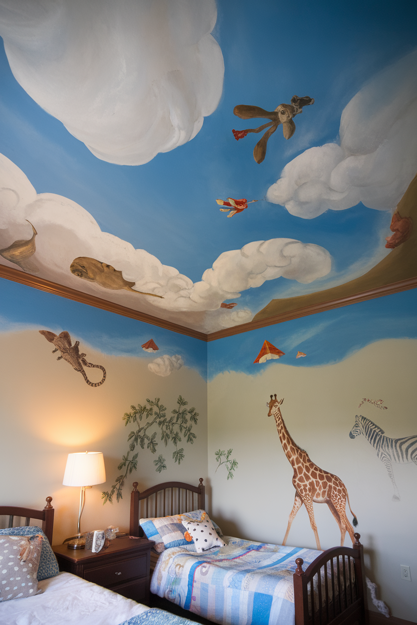 A beautifully painted ceiling with clouds and flying animals in a kids' room.