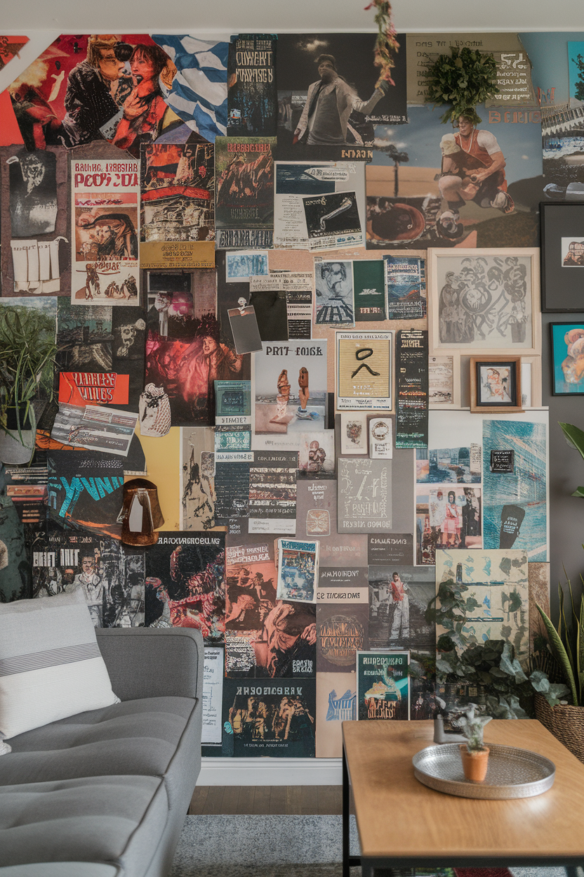 A vibrant collage of posters and art pieces on a living room wall.