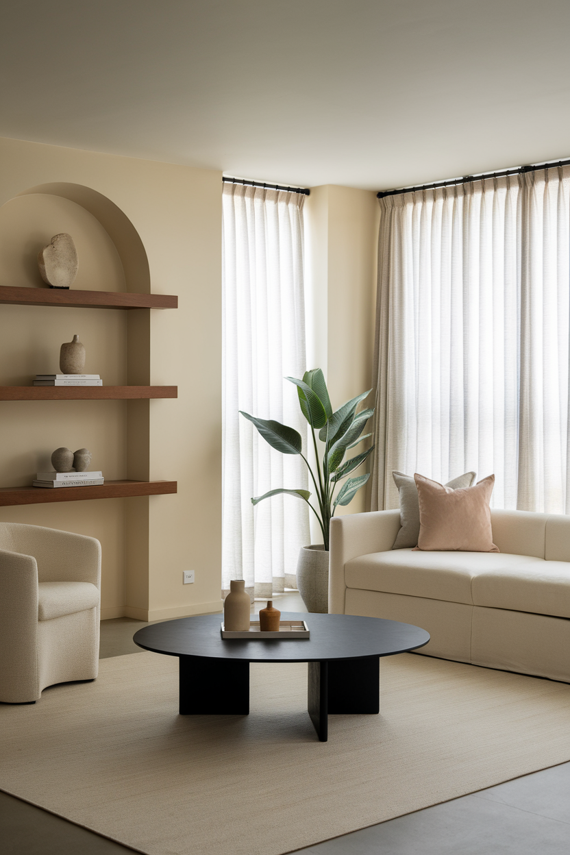 A cozy living room with neutral tones, featuring a round coffee table, soft furniture, and a plant.