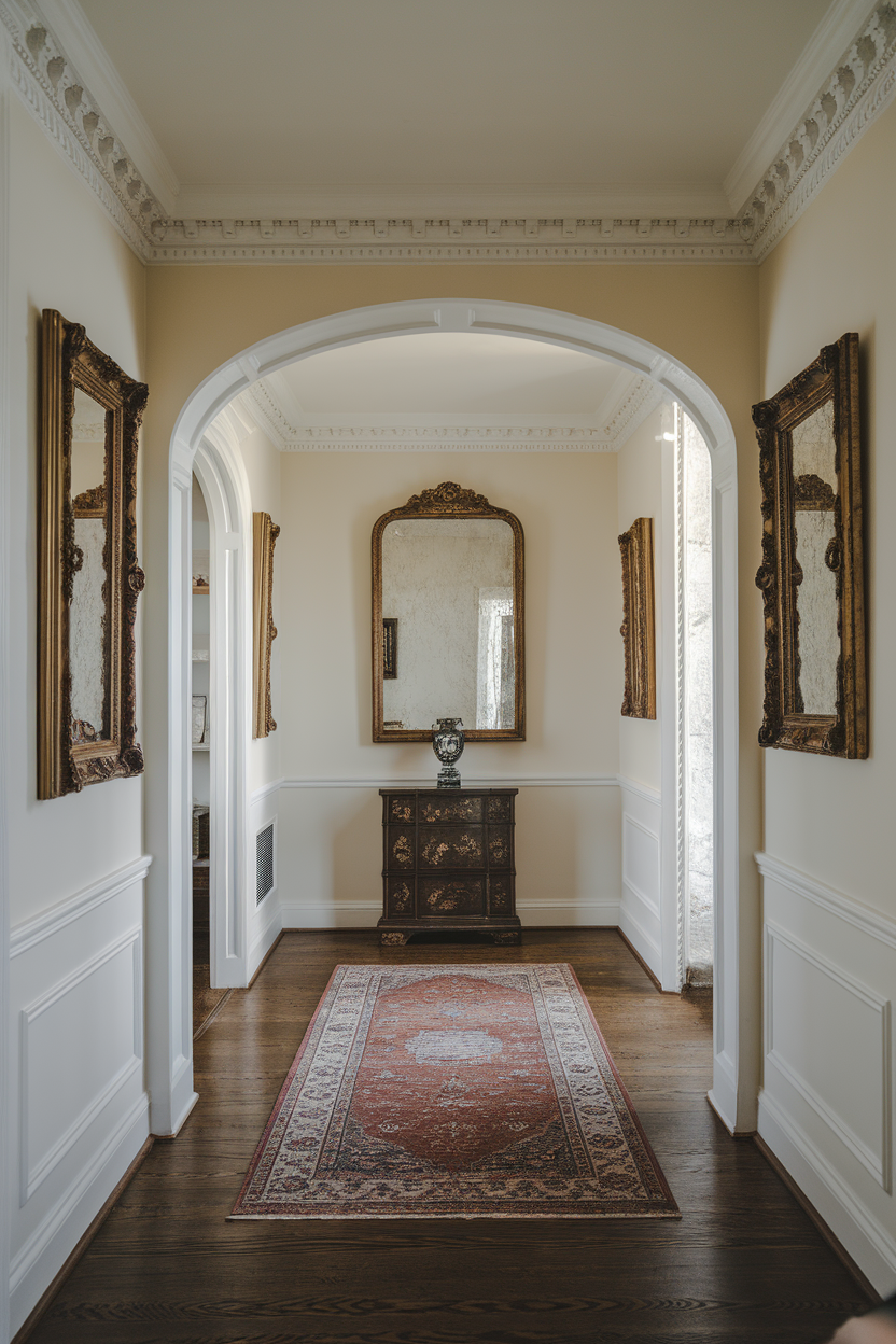 A hallway featuring elegant crown molding, framed mirrors, and a vintage chest with a decorative vase.
