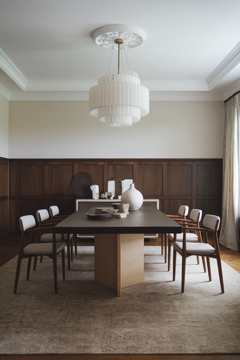 A stylish dining room featuring a two-tone color scheme with a light upper wall and darker wood paneling below.