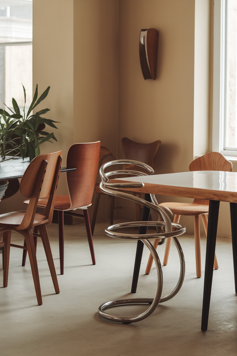 A modern unique chair design in a cozy interior with various wooden chairs.