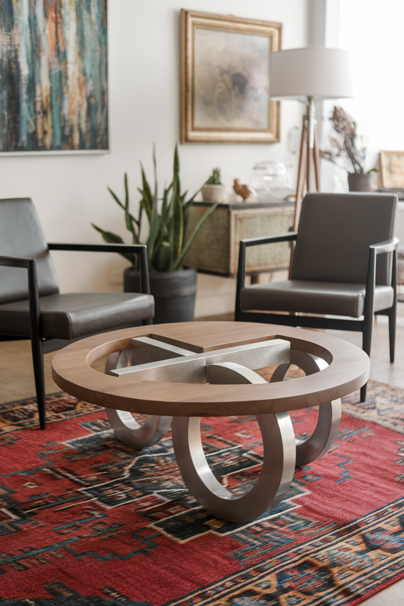 A modern coffee table with a wooden top and metal base, surrounded by two black chairs on a colorful rug.