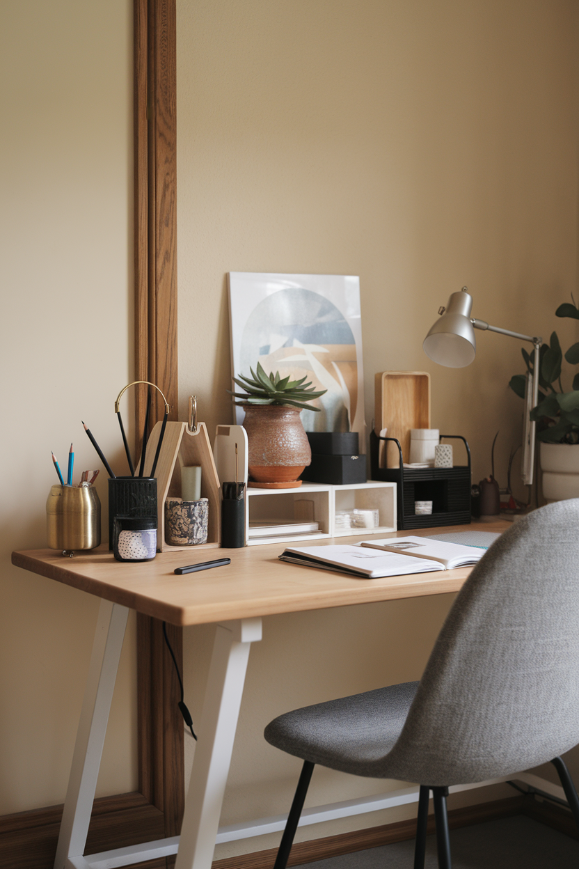 A stylish desk setup featuring various unique desk organizers and accessories.