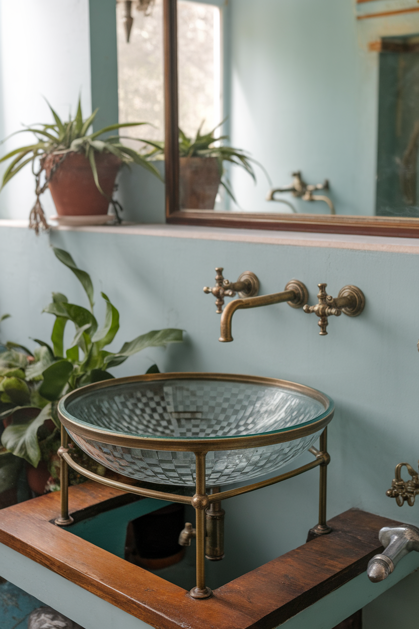 A unique glass sink with vintage brass fixtures in a cozy bathroom setting.