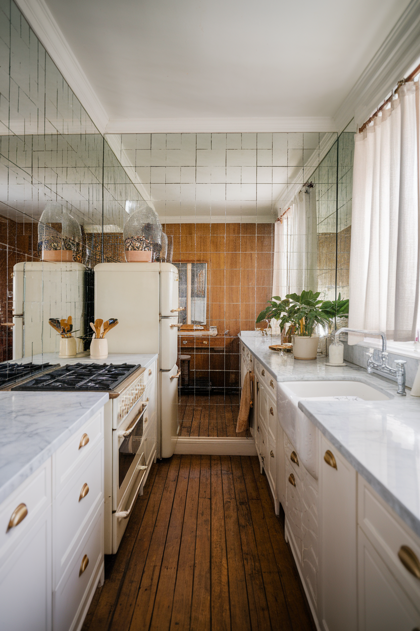 A cozy kitchen with mirrored walls that reflect light and create a sense of depth.