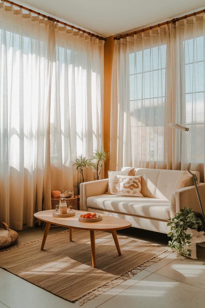 A bright small living room with sheer curtains allowing natural light to flow in.