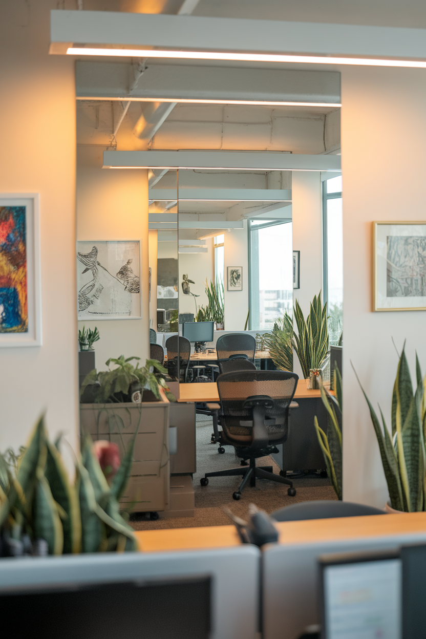 An office space featuring a large mirror that enhances the light and sense of space.