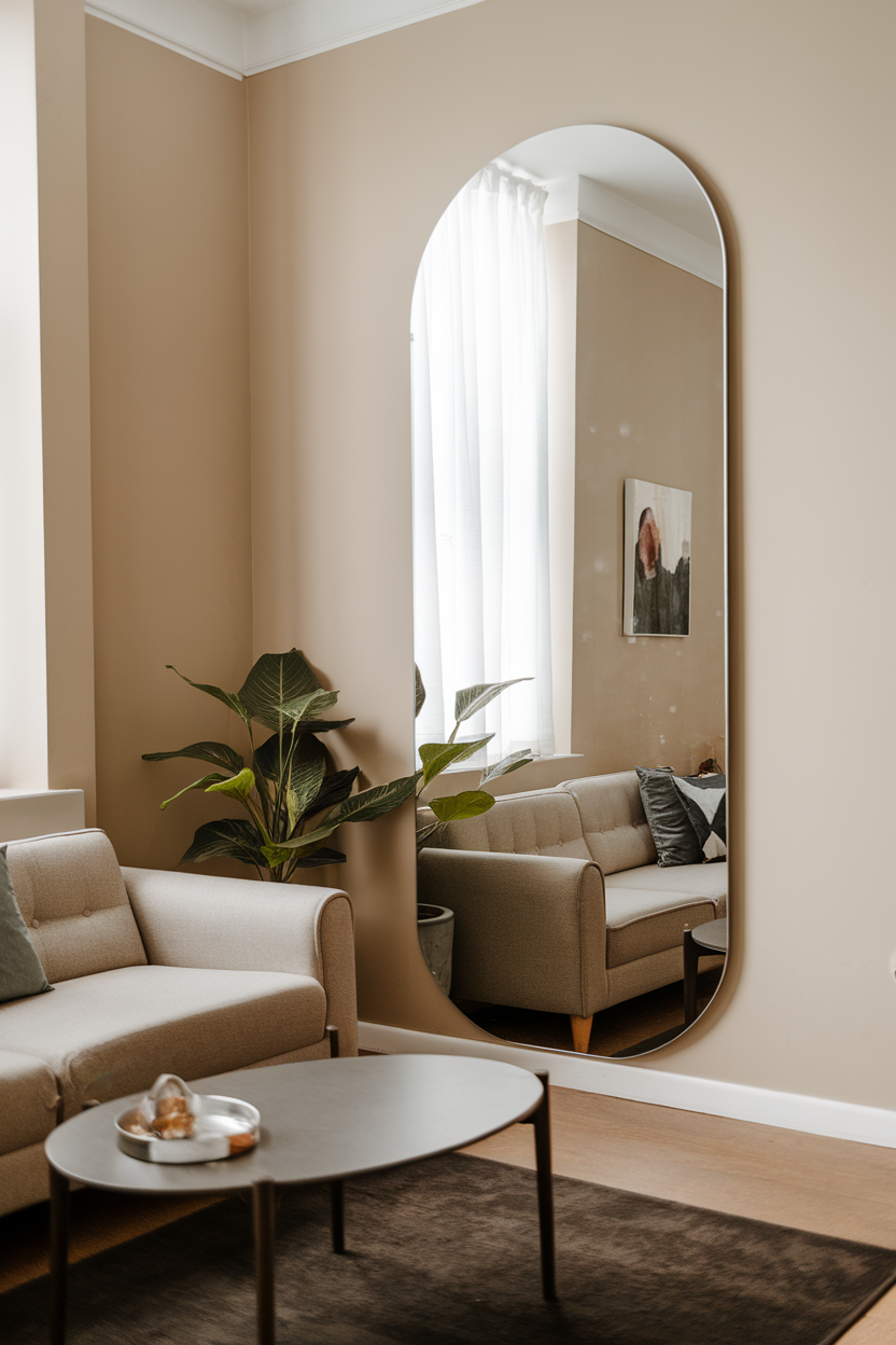 A small living room featuring a large oval mirror, a cozy beige sofa, and a green plant, all set against a warm wall color.