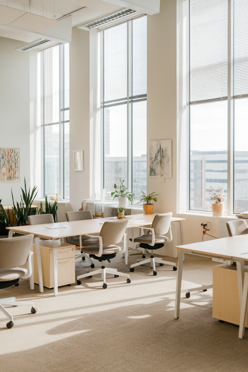 Bright office space with large windows and plants.