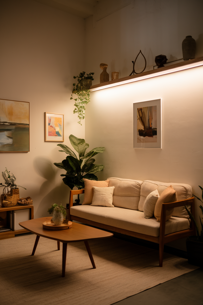 A cozy small living room with soft lighting, featuring a beige sofa, a coffee table, and decorative plants.