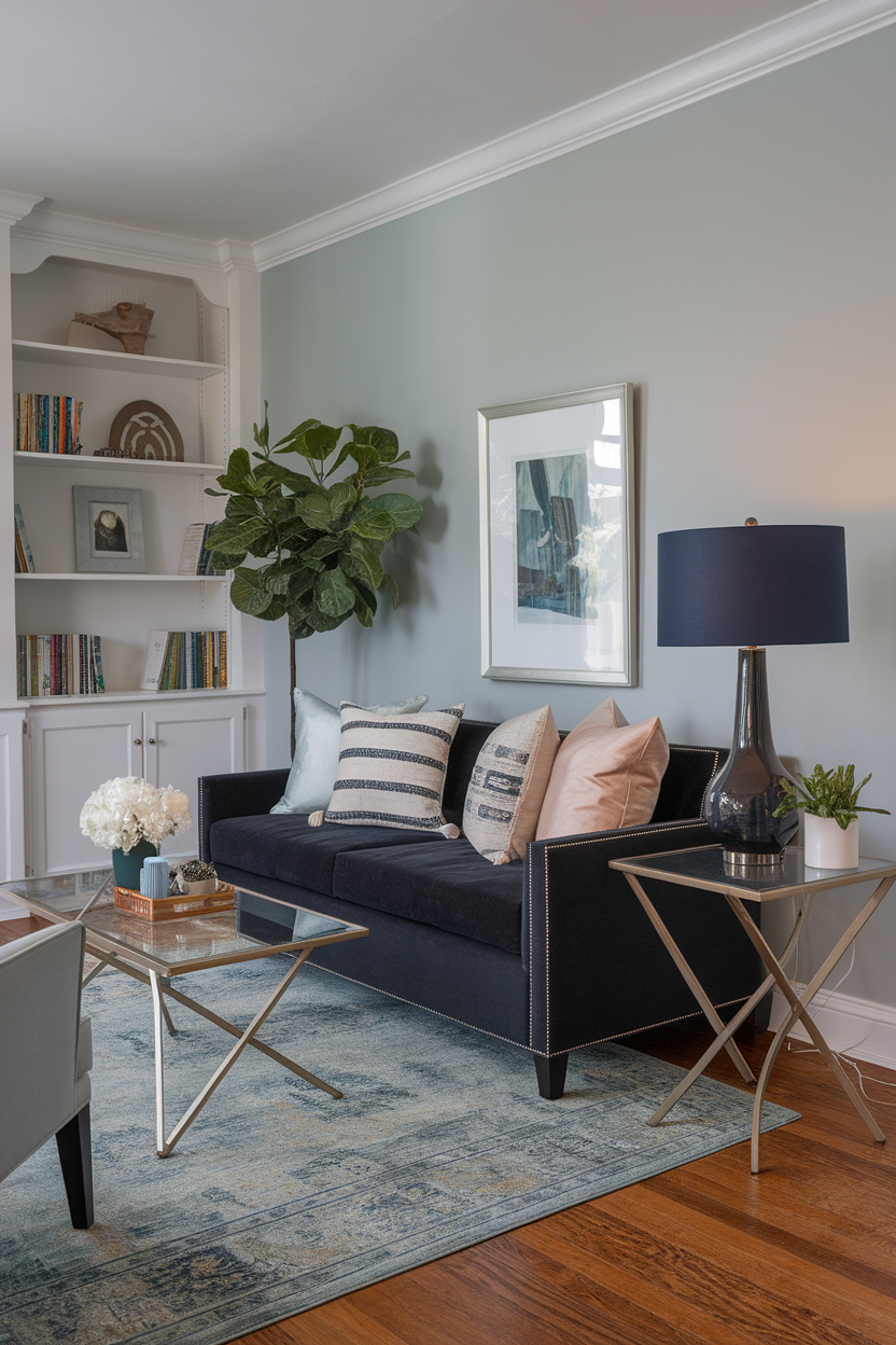 Cozy small living room with a blue area rug, navy sofa, and light accents.