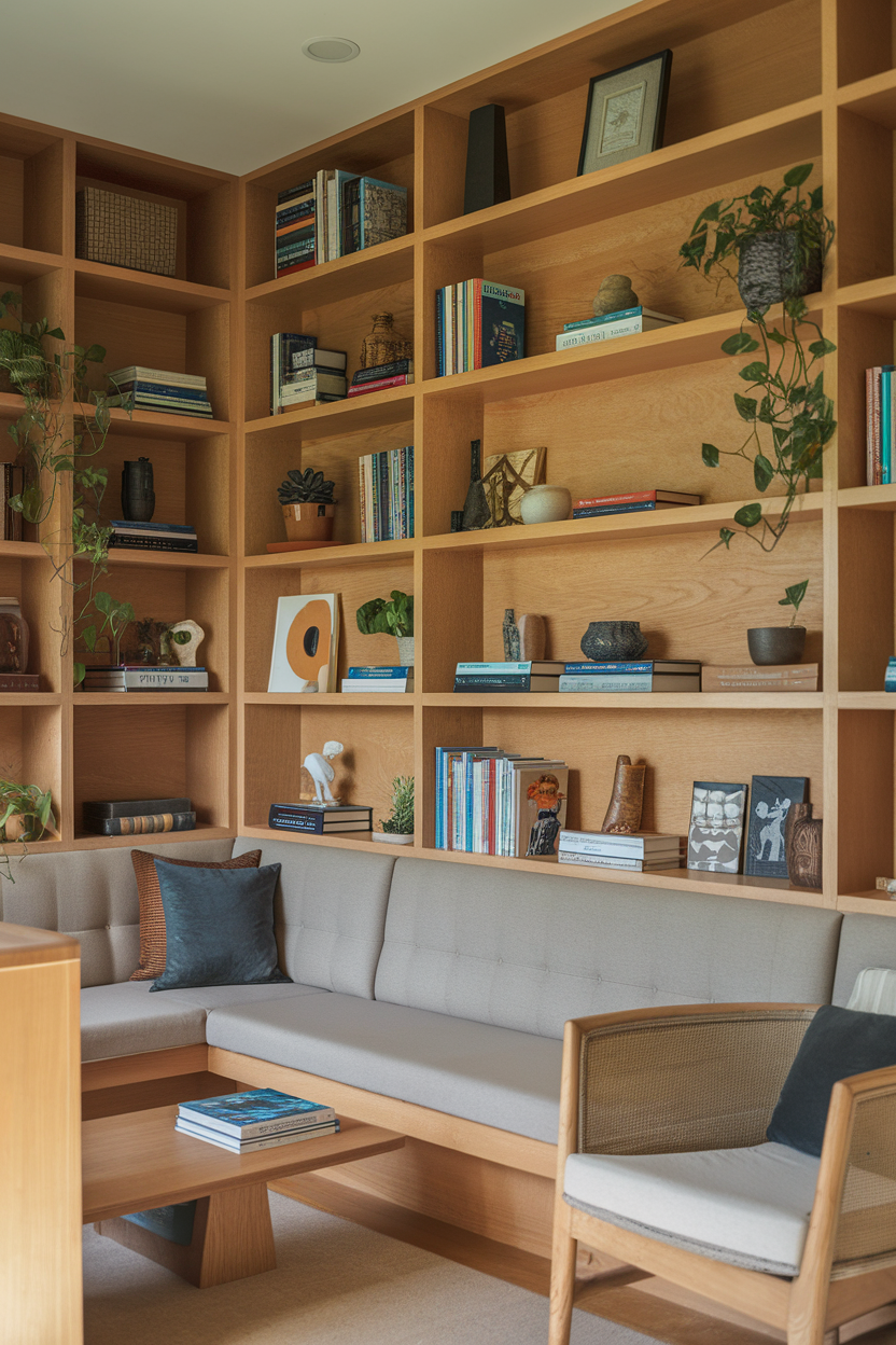 Cozy small living room featuring built-in furniture with shelves and a corner sofa.