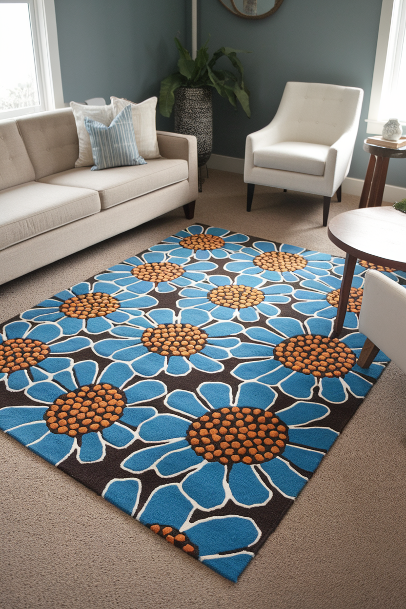 A bright floral area rug on a soft carpet in a stylish sitting room.