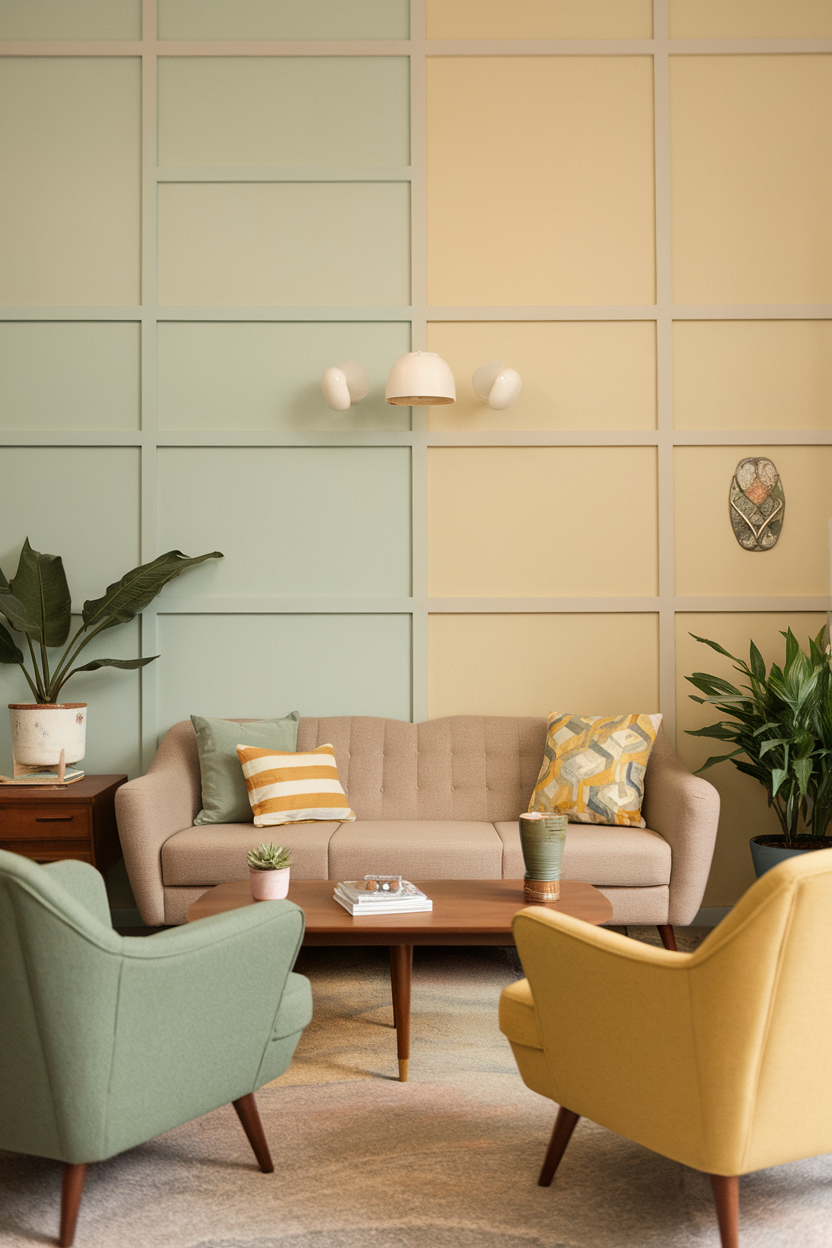 A cozy living space with vintage-inspired wall colors in soft green and warm yellow.