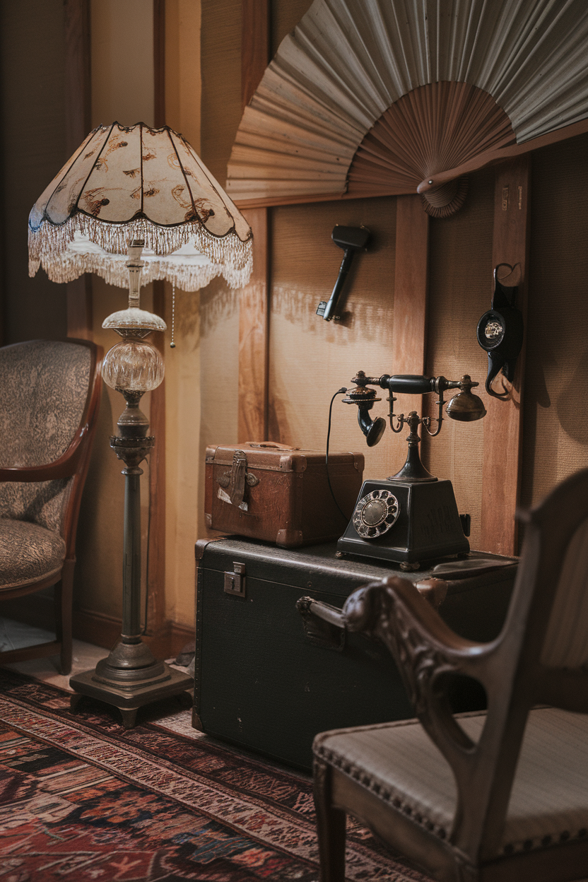 Cozy sitting room with vintage accessories including a lamp, old telephone, and trunk.