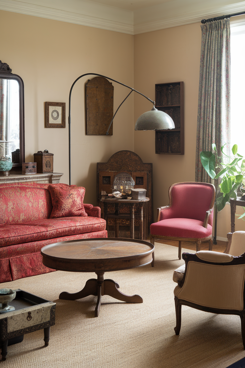 Cozy living room with vintage red sofa, antique furniture, and decorative accents.