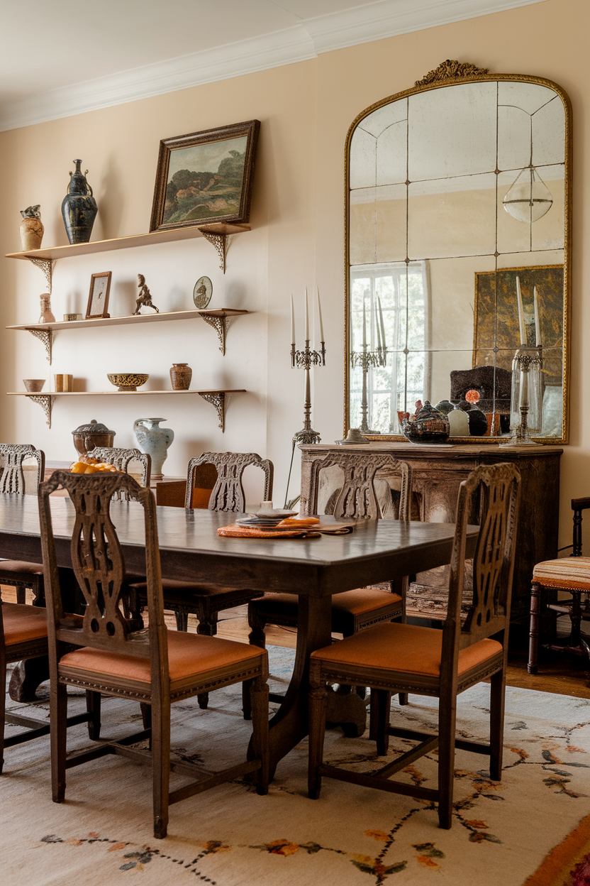 A vintage dining room featuring a wooden table, antique chairs, and decorative items on shelves.