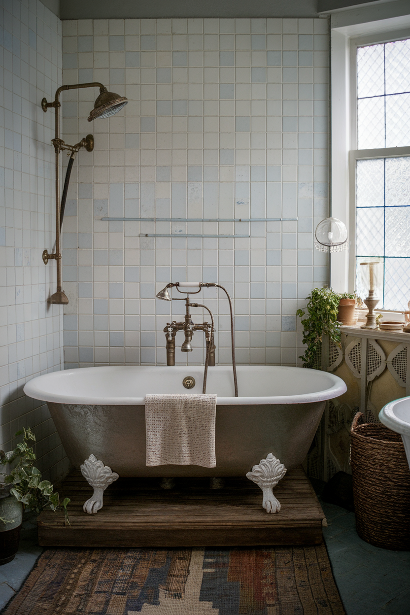 A stylish bathroom featuring a clawfoot tub, vintage fixtures, and plants.