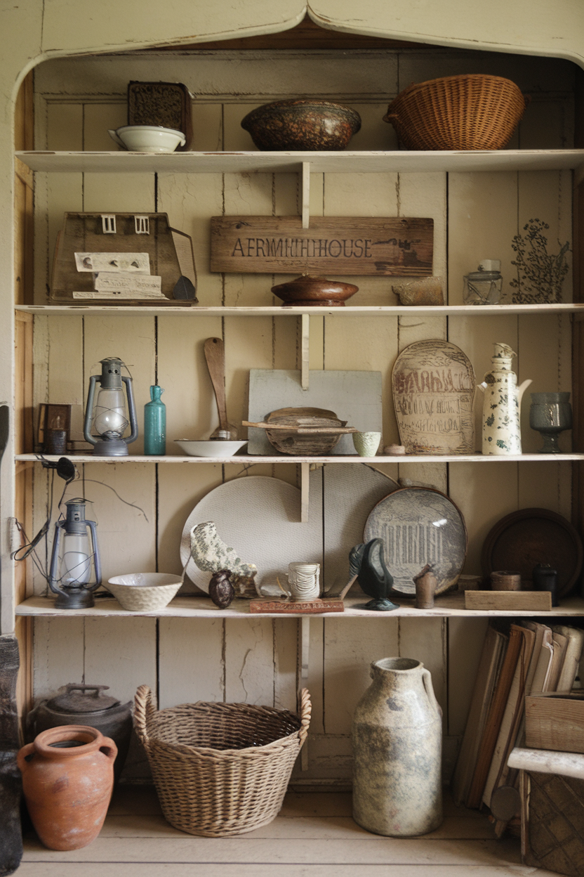 A collection of vintage farmhouse accessories on shelves, including bowls, lanterns, and baskets.