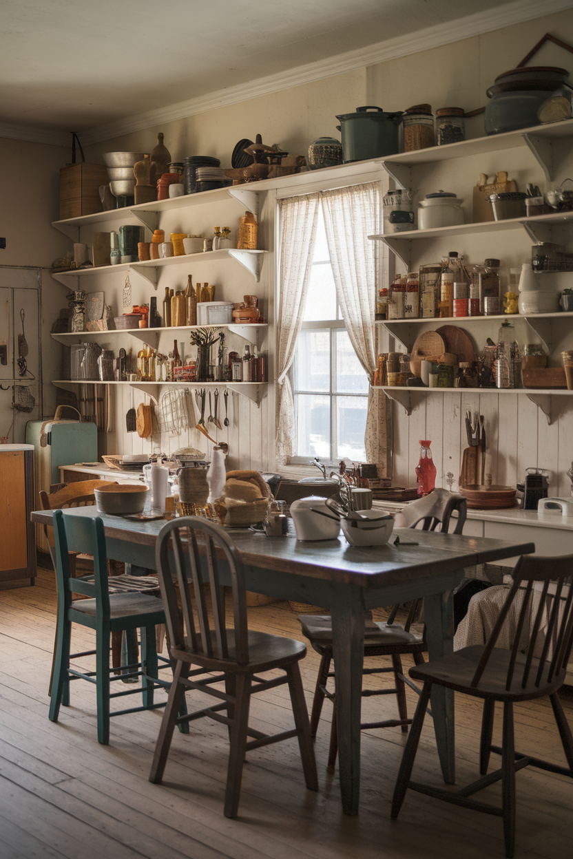A vintage farmhouse kitchen with a rustic table and shelves filled with various kitchen items.