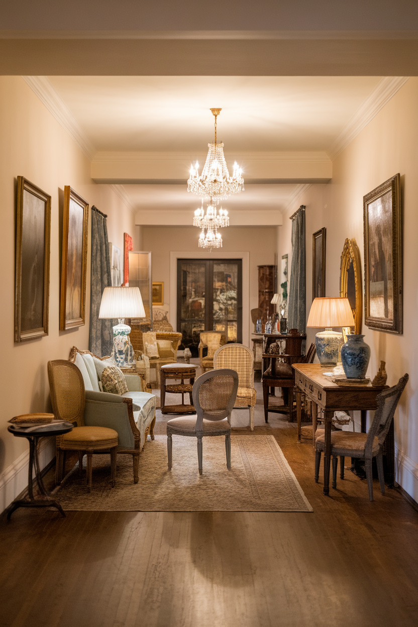 A cozy vintage living room with various antique furniture and decor.