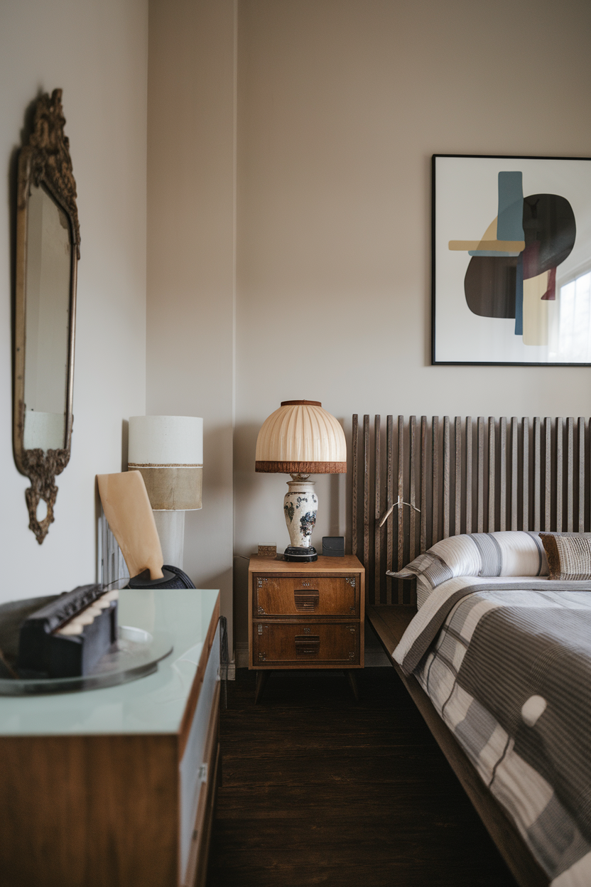 A stylish bedroom featuring vintage furniture and modern art
