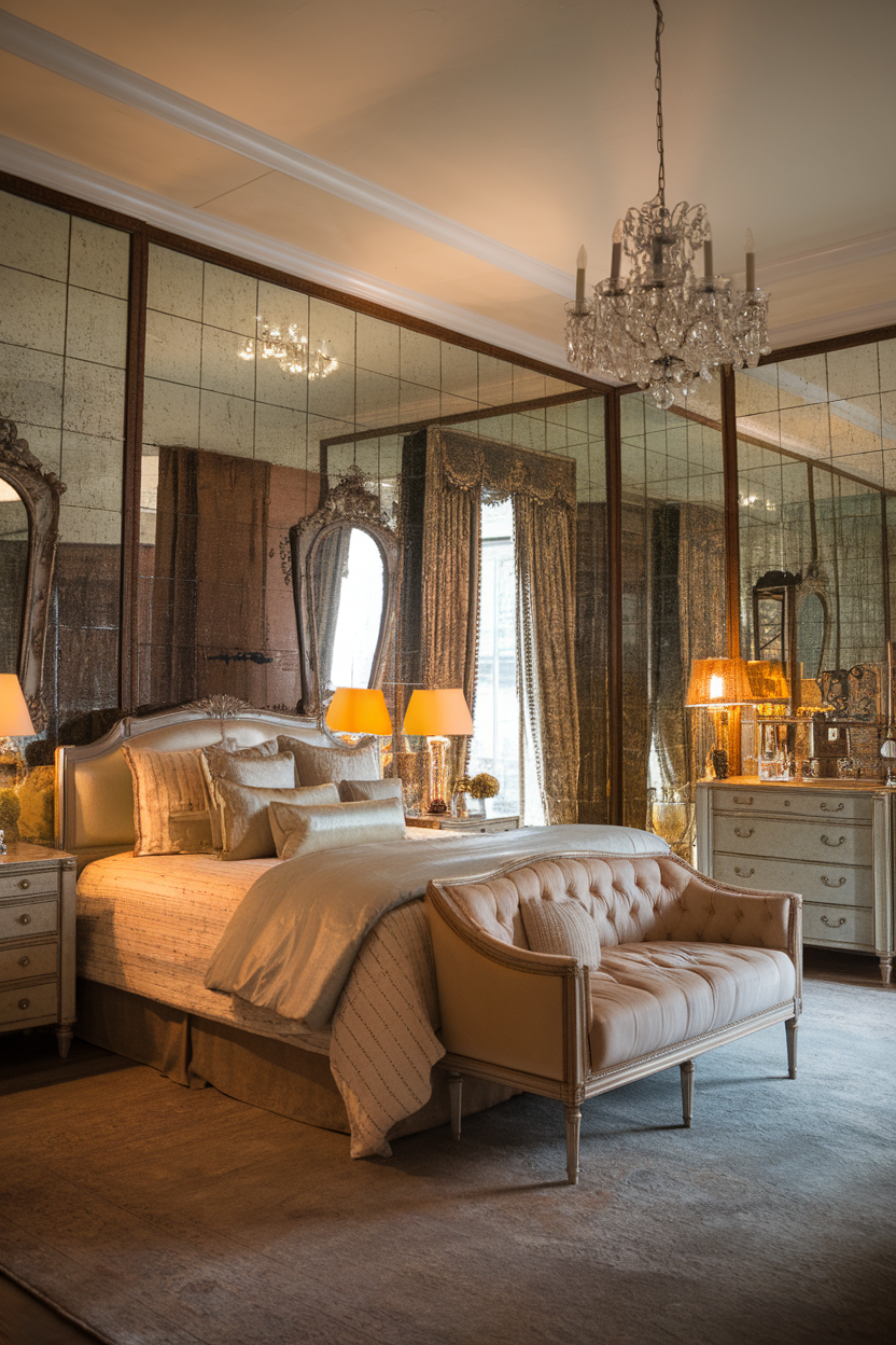 A beautifully decorated bedroom featuring antique mirrors, soft lighting, and elegant furnishings.