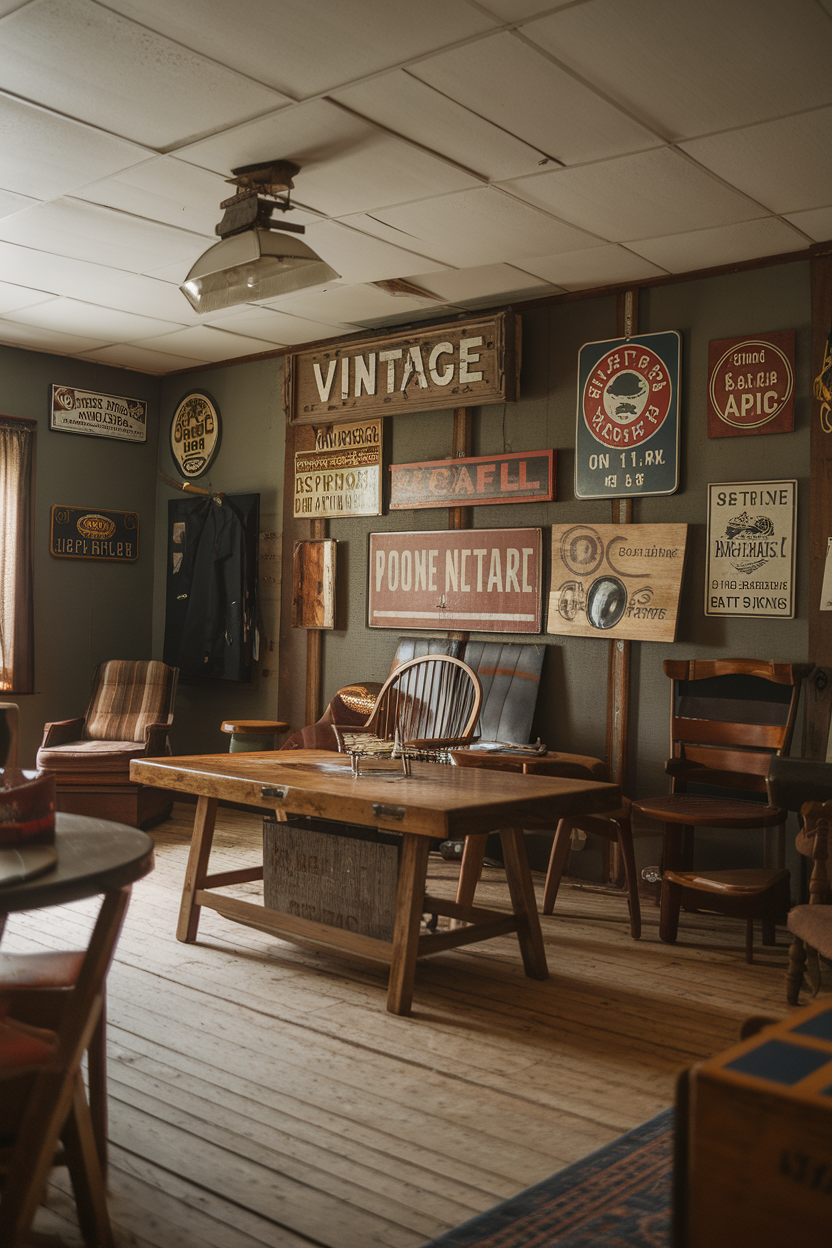 A cozy living room with vintage signs displayed on the walls, wooden furniture, and a rustic atmosphere.
