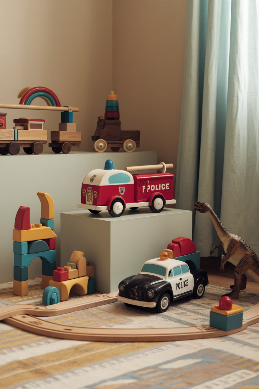 A cozy kids room featuring vintage wooden toys including a police car, fire truck, and colorful building blocks.