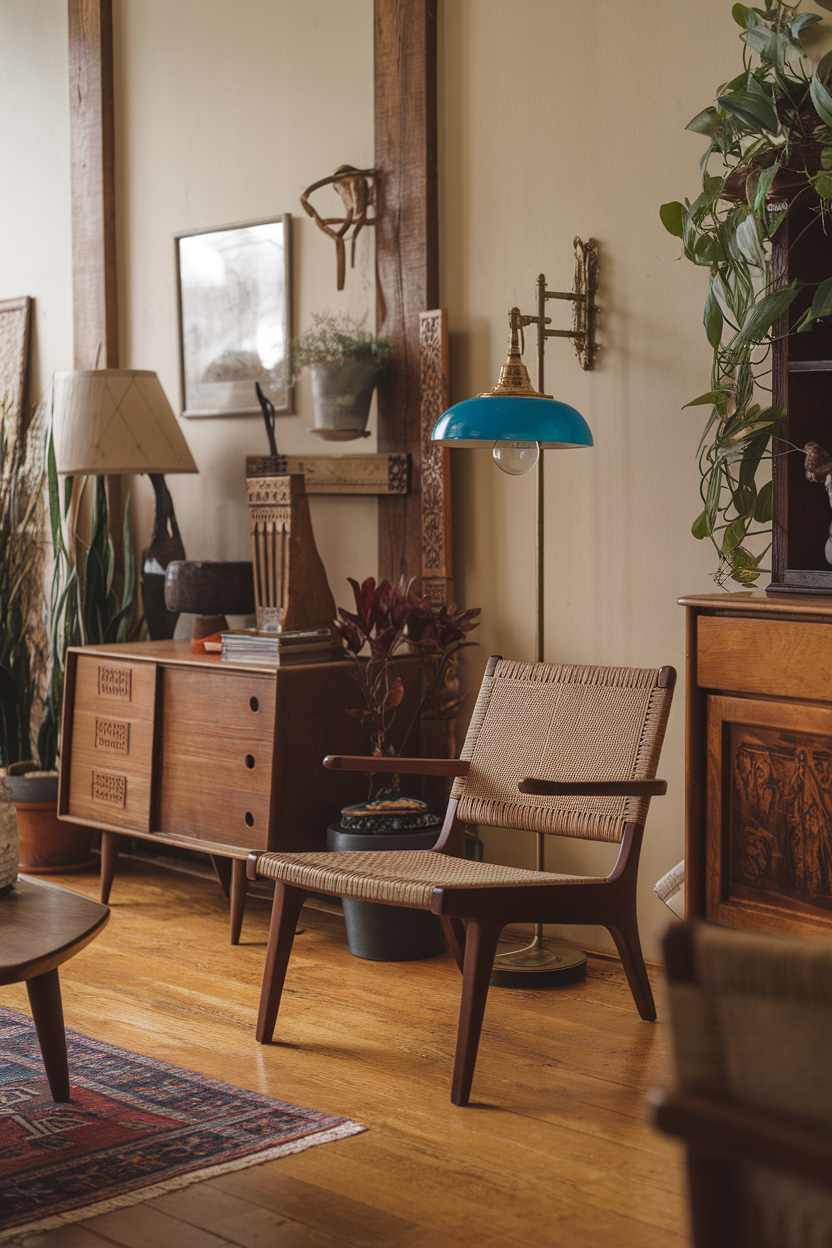 Cozy vintage interior with wooden furniture, decorative plants, and warm lighting.