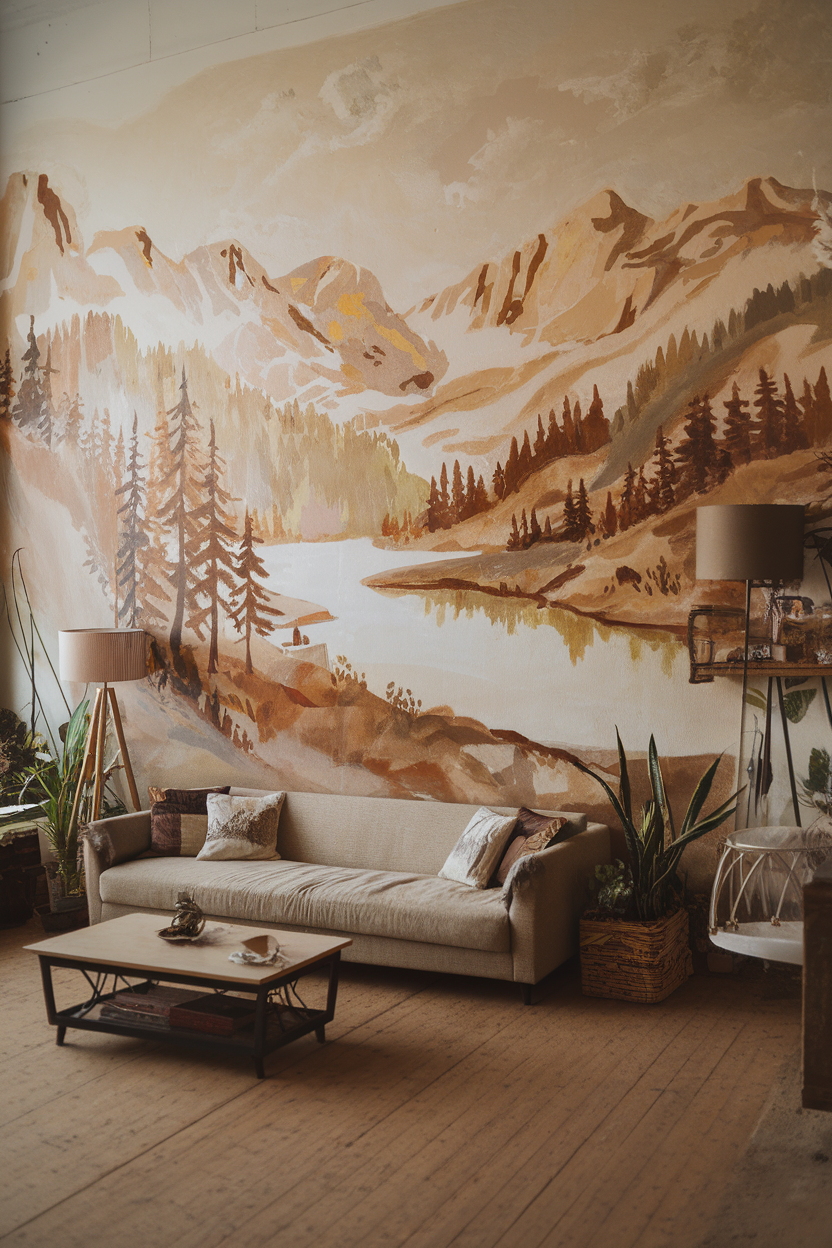 A cozy living room featuring a beautiful wall mural of mountains and trees by a lake.