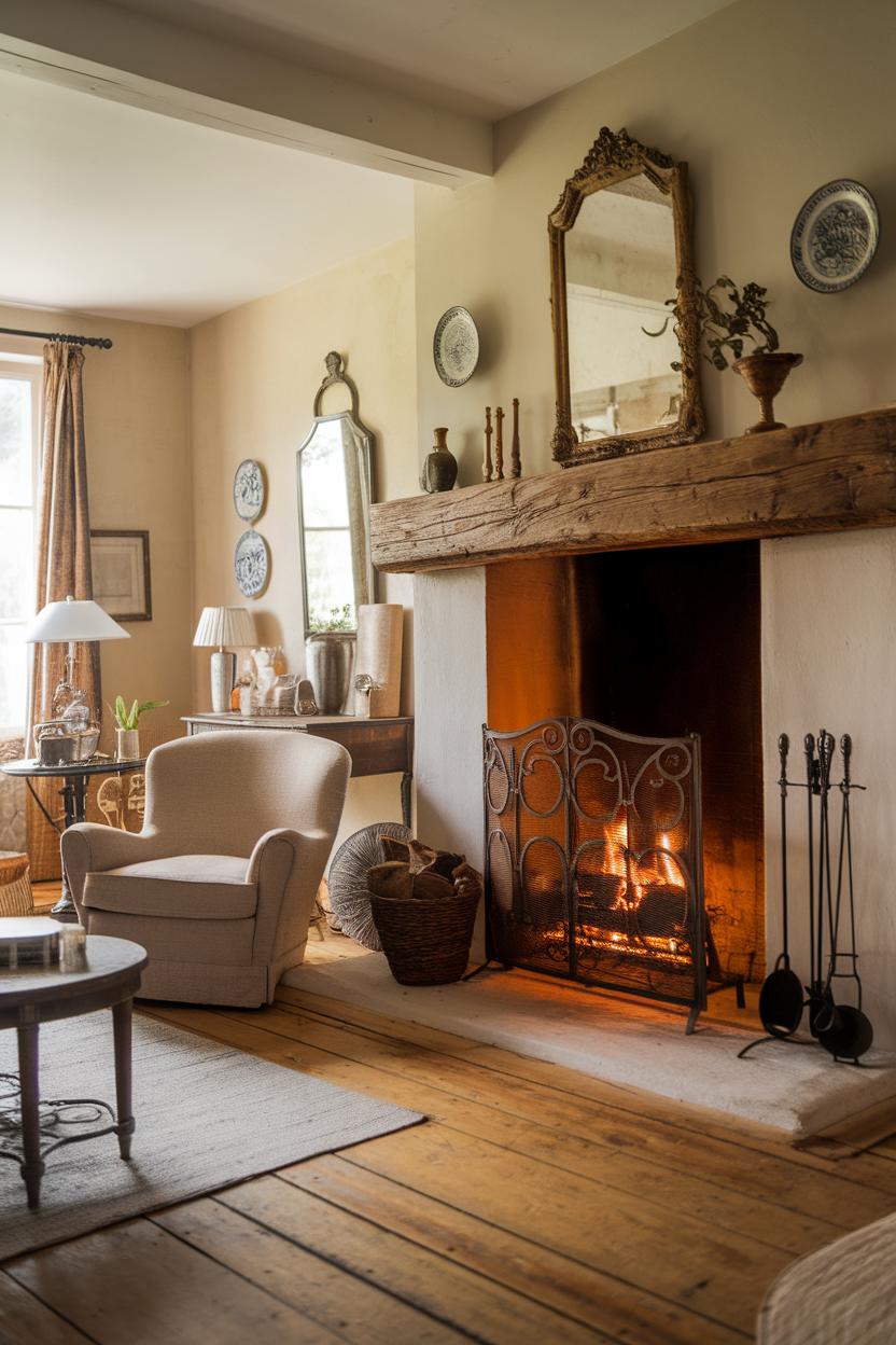 A warm and inviting fireplace in a cozy living room setting, featuring a rustic mantel and a comfortable chair.