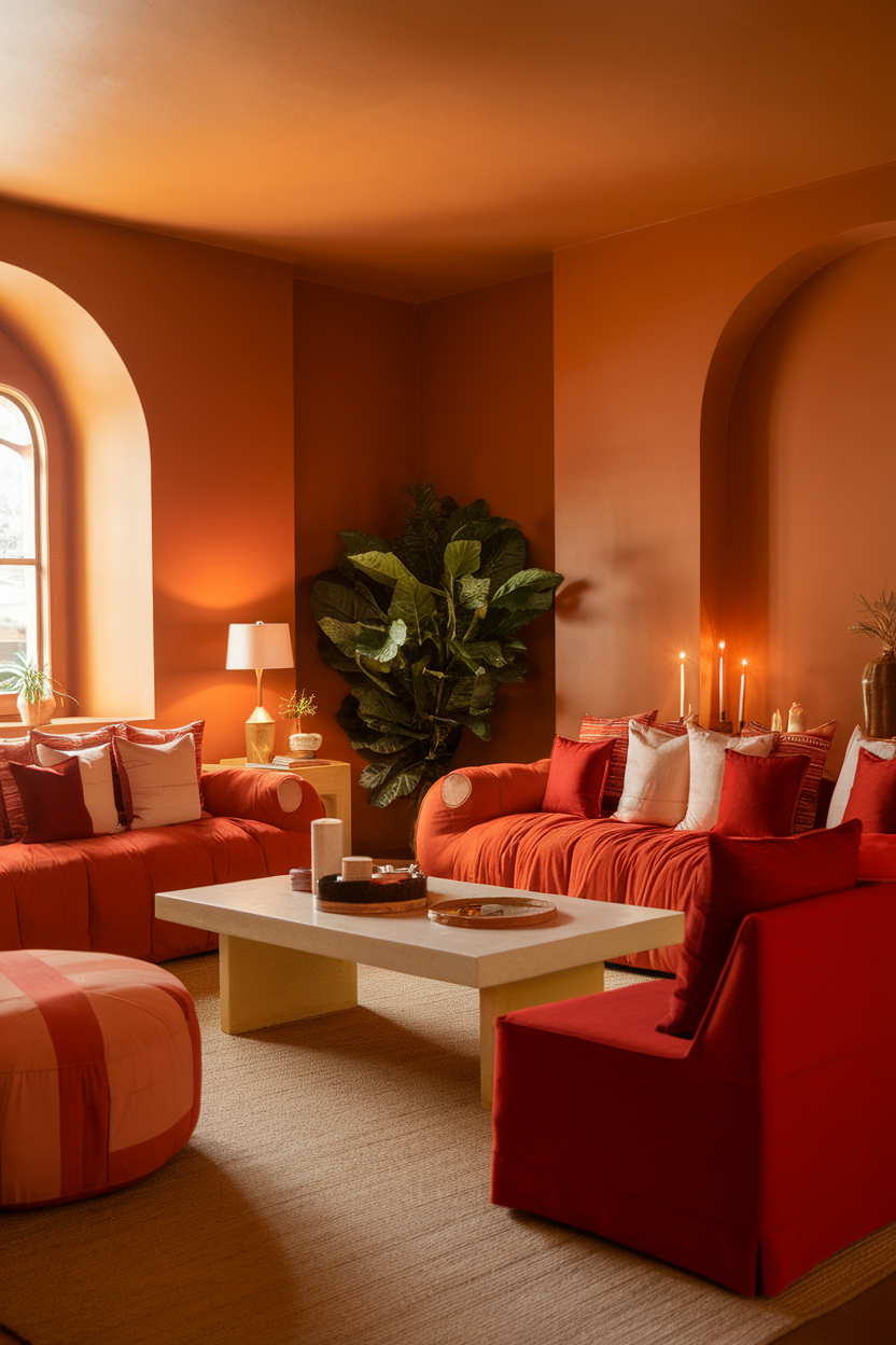 A cozy living room with warm red and orange hues, featuring soft furniture and plants.