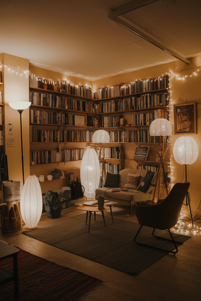 Cozy sitting room with floor lamps and fairy lights illuminating bookshelves and furniture.
