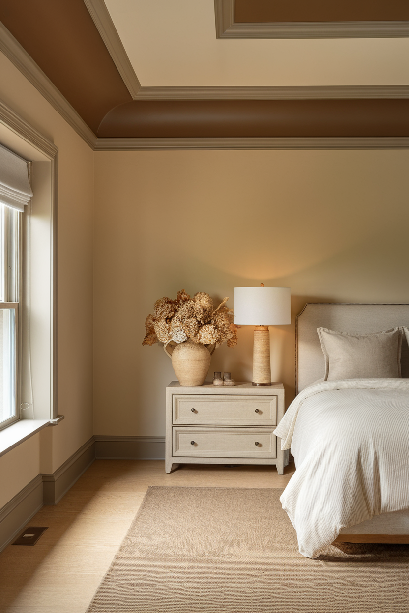 A cozy bedroom featuring warm neutral wall paint with beige and brown tones.
